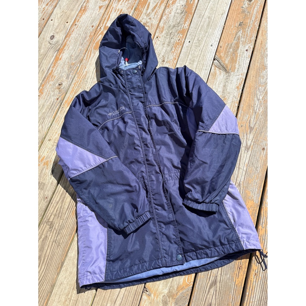 Columbia Sportswear Womens Navy Purple Hooded Rain Jacket Parka Large